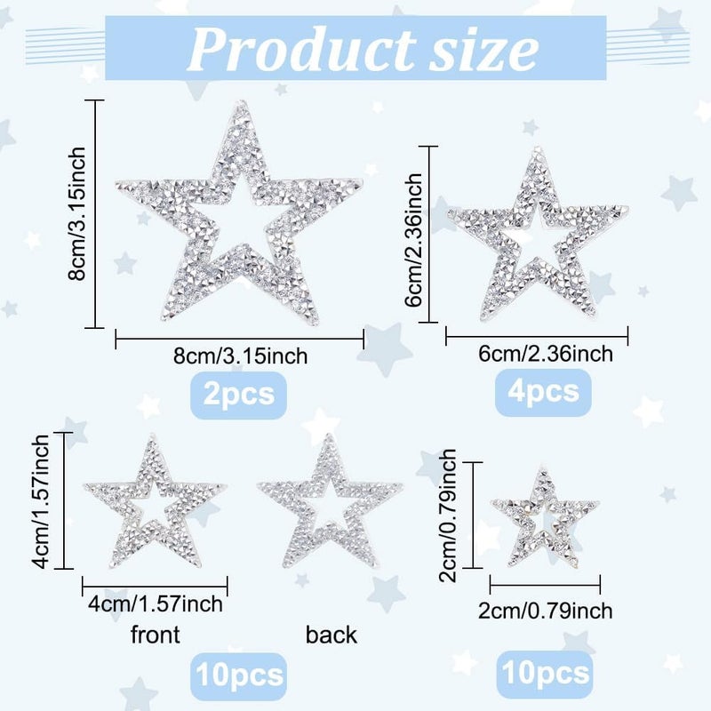BEUNITONE 26pcs Star Iron on Patches 4 Sizes Rhinestone Adhesive Crystal Star Patches Glitter Embroidered Patches Applique for DIY Clothes Dress Pants Hats Jeans Shoes Bags - Image 2
